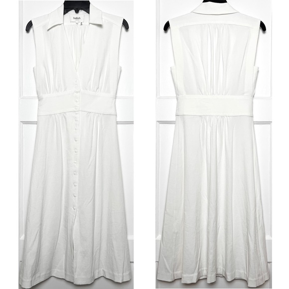 BA&SH Ivory Crepe Sleeveless Shirt Collar Gathered Button Front Midi Dress XS - Picture 7 of 14